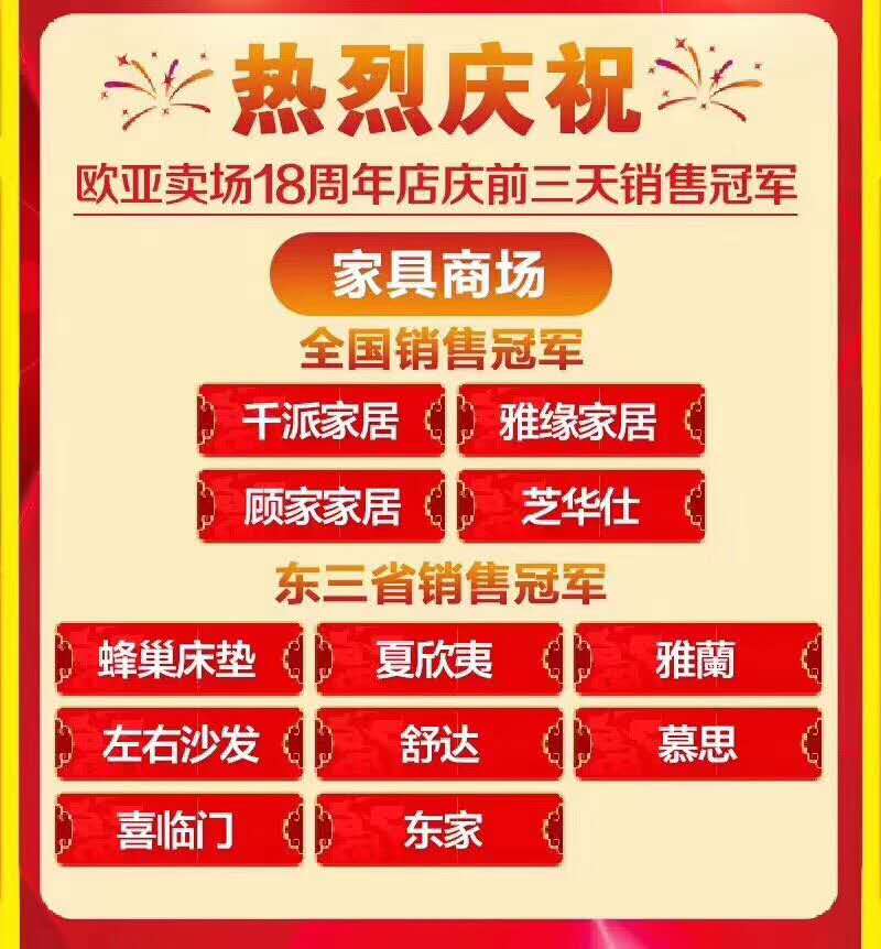 恭喜长春东家·阿禧＆胡桃里荣获欧亚卖场18年周年庆销售冠军